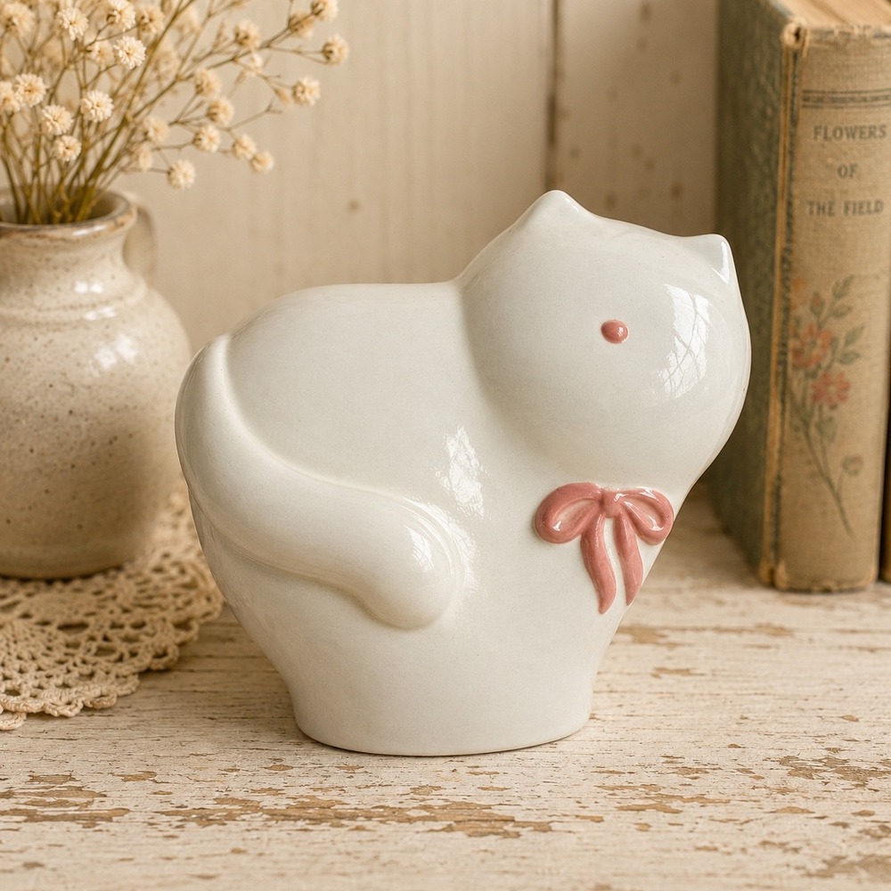 Vintage White Ceramic Cat Figurine Pink Bow Glossy Minimalist Decor 8 Inch